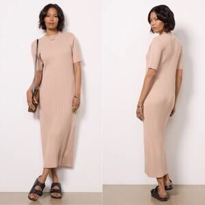 Varley maeve rib knit midi dress Warm taupe Size Small minimalist quiet luxury